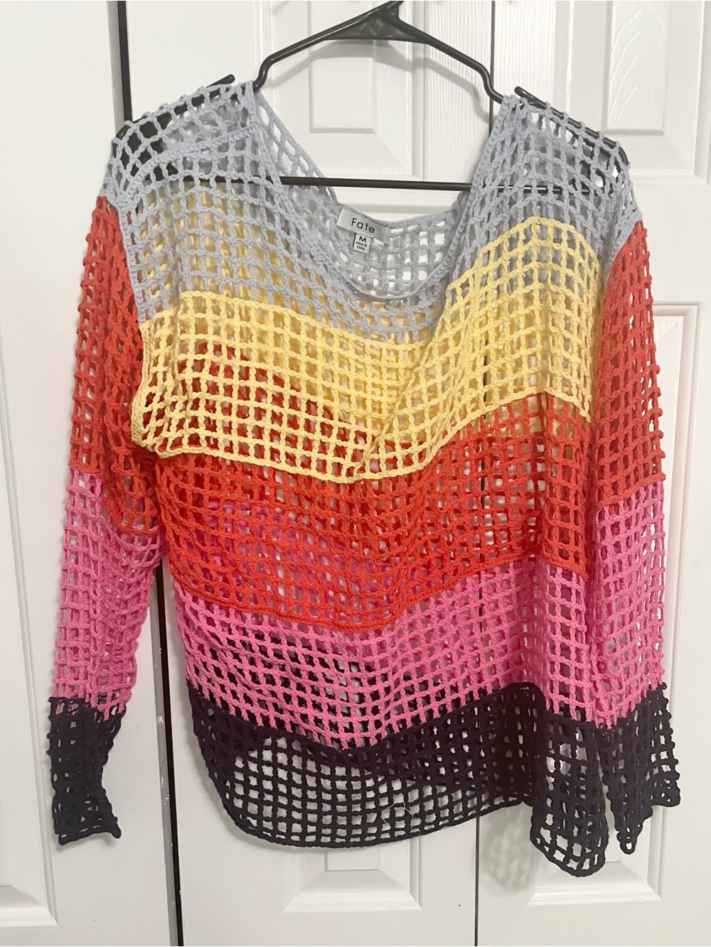 Fate Multi-Color Open Knit Sweater - Pink/Orange-Red/Yellow/Gray/Navy